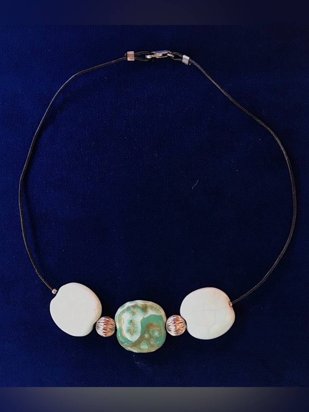 Handmade Ceramic & Sterling Silver Beaded Choker Leather Cord Artisan Necklace